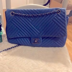 Chanel chevron quilted leather flap bag royal blue